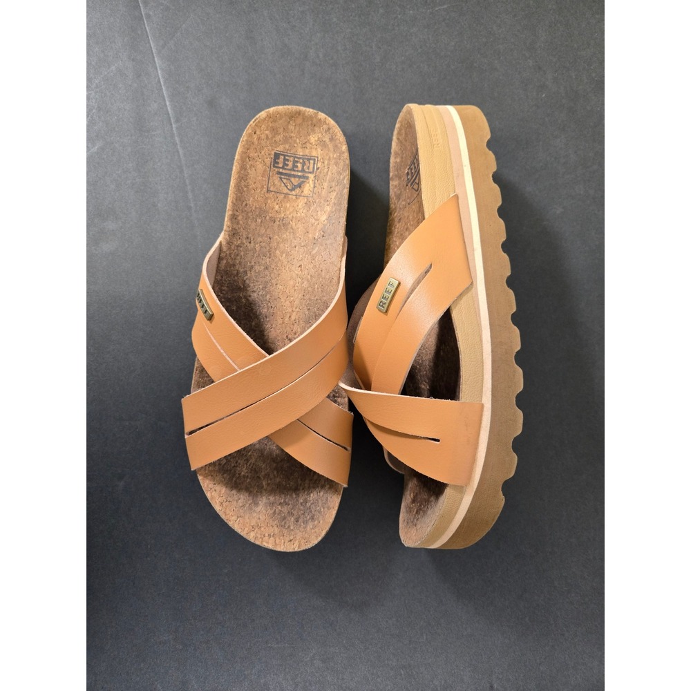 Reef Kaia Cross Tan Platform Cork Footbed Slide Sandals Size 9
